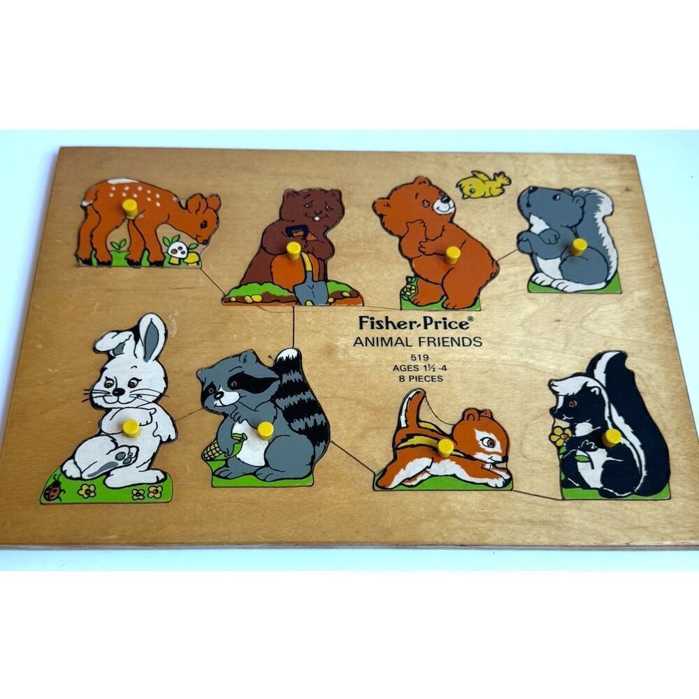 Vintage Fisher-Price Animal Friends Wood Puzzle Baby Toddler‎ 70s MCM Bunny Deer